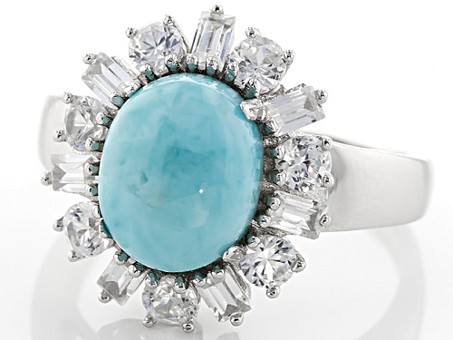 11x9mm Oval Cabochon Larimar With 1.80ctw Baguette And Round White Zircon Sterling Silver Ring - Size 7