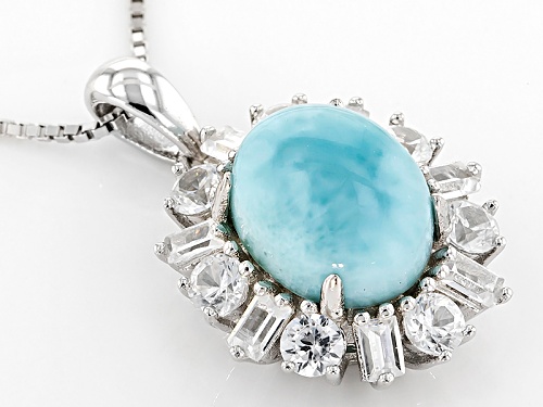 11x9mm Oval Cabochon Larimar With 1.80ctw Baguette And Round White Zircon Silver Pendant With Chain