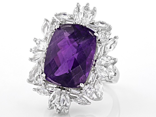 7.39CT RECTANGULAR CUSHION AFRICAN AMETHYST WITH 3.68CTW MIXED SHAPE WHITE TOPAZ SILVER RING - Size 9