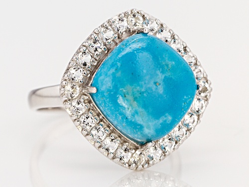 12mm Square Cushion Cabochon Turquoise And .98ctw Round White Topaz Sterling Silver Ring - Size 6