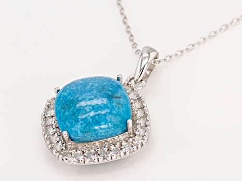 12mm Square Cushion Cabochon Turquoise And .98ctw Round White Topaz Silver Pendant With Chain