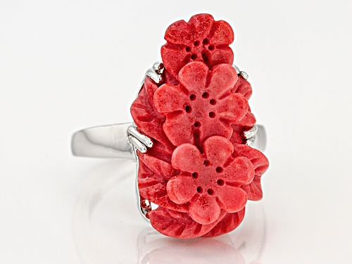 25x15mm Three Fancy Carved Red Coral Flowers Sterling Silver Ring - Size 8