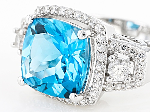 5.27ct Square Cushion Swiss Blue Topaz & .92ctw Round White Zircon Sterling Silver Ring - Size 8