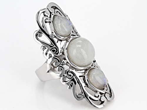 Round And Pear Shape Cabochon Rainbow Moonstone Sterling Silver 3-Stone Ring - Size 5