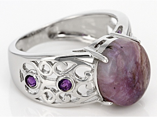 12x10mm Oval Charoite With .20ctw Round African Amethyst Rhodium Over Sterling Silver Ring - Size 8