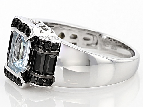 .40ct Emerald Cut Aquamarine With .89ctw Mixed Shape Black Spinel Sterling Silver Ring - Size 7