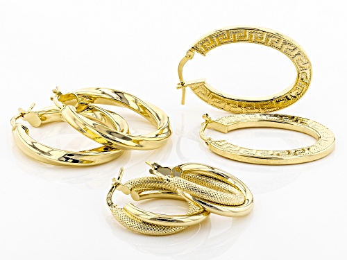 Moda Al Massimo® 18k Yellow Gold Over Bronze Greek Key, Twisted, Textured Hoop Earrings Set Of Three