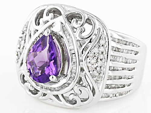 1.05ct Pear Shape African Amethyst With .78ctw Round & Square White Diamond Sterling Silver Ring - Size 6