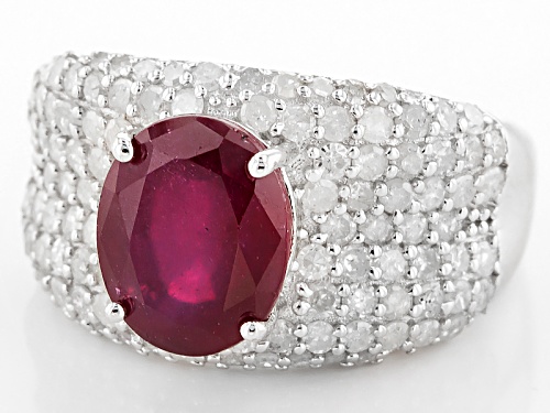2.98ct Oval Mahaleo® Ruby With 1.14ctw Round White Diamond Rhodium Over Sterling Silver Ring - Size 8