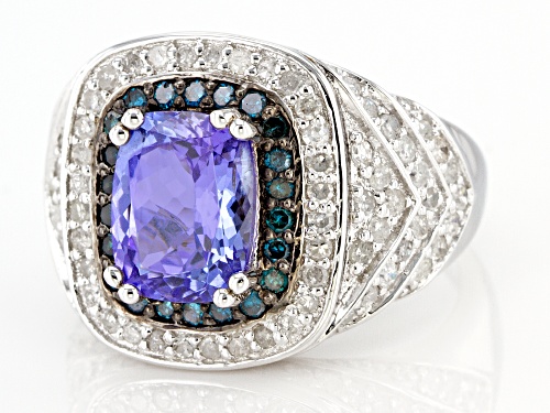 1.75ct Tanzanite With 1.12ctw Blue And White Diamond Rhodium Over Sterling Silver Ring - Size 7