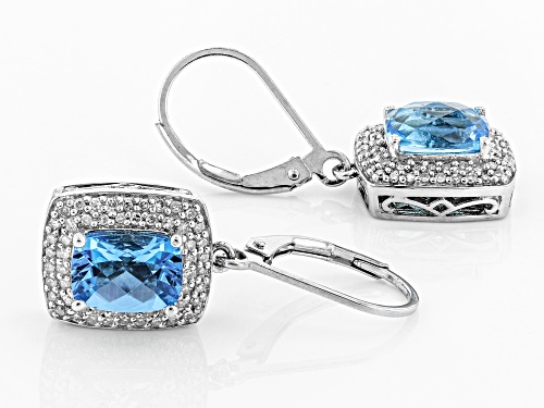 3.00ctw rectangular cushion Swiss Blue Topaz with .42ctw diamond sterling silver earrings.