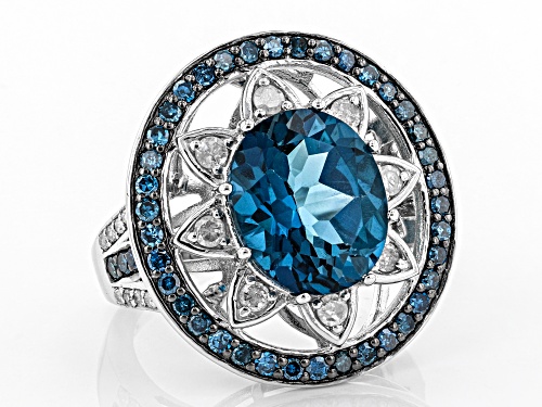 5.10ct London Blue Topaz with 1.07ctw Blue & White Diamond Rhodium Over Sterling Silver Ring - Size 7