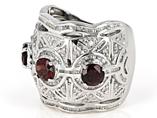 1.84CTW ROUND RED GARNET, 1.07CTW ROUND & TAPERED BAGUETTE WHITE DIAMOND RHODIUM OVER SILVER RING - Size 5