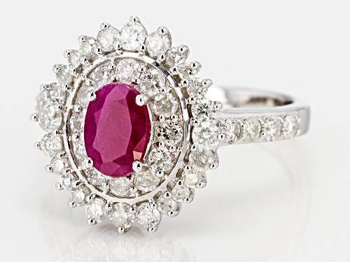 .80CT OVAL BURMESE RUBY WITH .95CTW ROUND WHITE DIAMOND RHODIUM OVER STERLING SILVER RING - Size 7