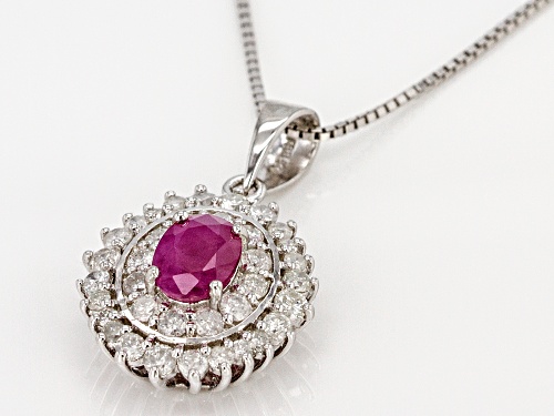 .80CT OVAL BURMESE RUBY WITH .77CTW ROUND WHITE DIAMOND RHODIUM OVER SILVER PENDANT WITH CHAIN