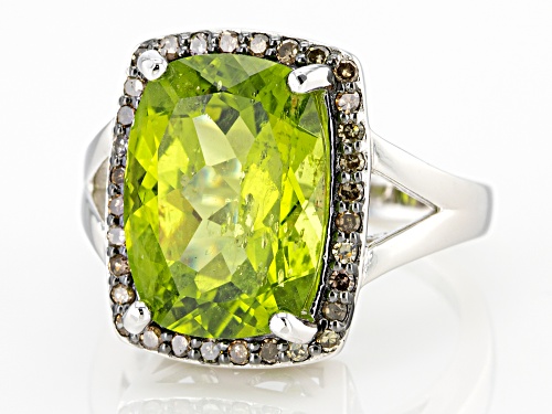 5.25ct Cushion Manchurian Peridot(TM) and .23ctw Round Champagne Diamond Rhodium Over Silver Ring - Size 5