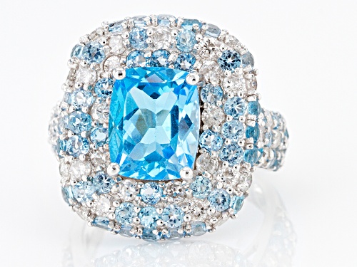 5.47ctw Rectangular Cushion & Round Swiss Blue Topaz, .88ctw Diamond Rhodium Over Silver Ring - Size 7