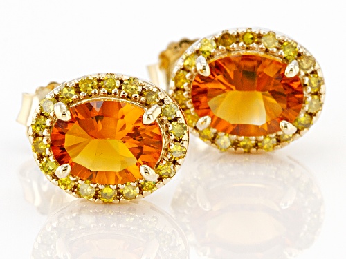 1.80ctw Madeira Citrine With .35ctw Yellow Diamond 18k Yellow Gold Over Silver Halo Stud Earrings