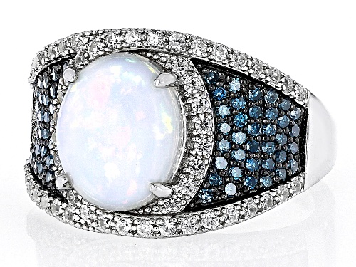 2.00ct Ethiopian Opal with 0.42ctw Blue Diamond and White Zircon Rhodium Over Sterling Silver Ring - Size 5