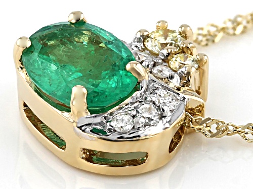 1.06ct Oval Emerald with .18ctw Yellow and White Accent Diamonds 10k Gold Pendant With Chain