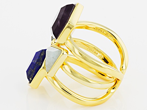 Moda Di Pietra™ Lapis, 7.50ctw Blue Topaz,Aquamarine & Amethyst 18k Gold Over Bronze Ring & Guard - Size 5