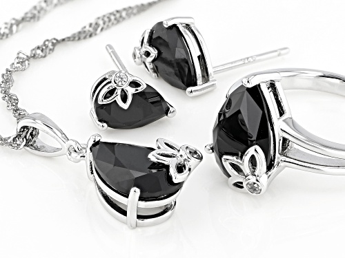 9.91ctw Black Spinel And White Zircon Rhodium Over Silver Ring, Earring, Pendant With Chain Set