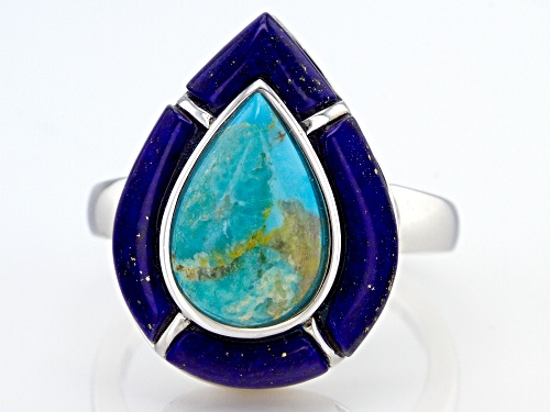 12x8mm Pear Shape Turquoise and Lapis Rhodium Over Sterling Silver Ring - Size 9