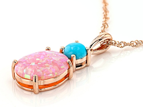 12x10mm Lab Created Pink Opal With 5mm Turquoise 18k Rose Gold Over Silver Pendant With Chain