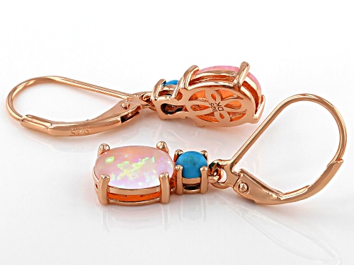 8x6mm Lab Created Pink Opal With 3mm Round Turquoise 18k Rose Gold Over Silver Earrings