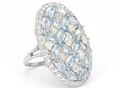 7.27ctw Glacier Topaz, With Ethiopian Opal, And  White Topaz Rhodium Over Sterling Silver Ring - Size 8