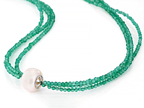 2-2.5mm Green Onyx With 12mm Cultured Freshwater Pearl Rhodium Over Sterling Silver Necklace - Size 18