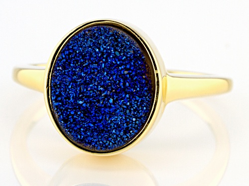 11x9mm Blue Drusy Quartz 18K Yellow Gold Over Sterling Silver Solitaire Ring - Size 7