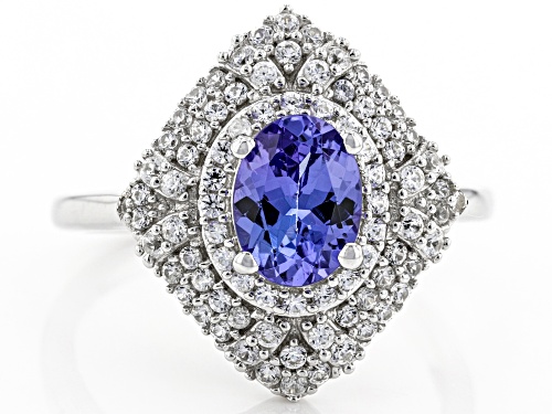 1.05ct Oval Tanzanite With 0.80ctw Round White Zircon Rhodium Over Sterling Silver Ring - Size 5