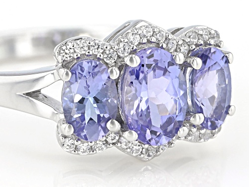 1.64ctw Oval Tanzanite With Round 0.14ctw White Zircon Rhodium Over Sterling Silver Ring - Size 7