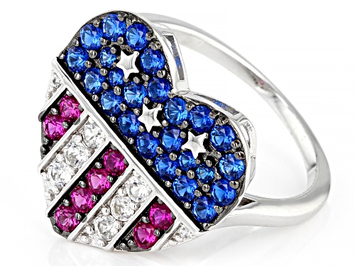 1.41ctw Lab Blue Spinel With Lab Ruby & Lab White Sapphire Rhodium Over Silver Heart Ring - Size 8