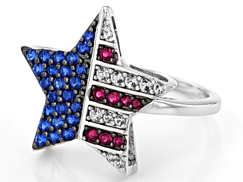 .37ctw Lab Blue Spinel, .12ctw Lab Ruby & .13ctw Lab White Sapphire Rhodium Over Silver Star Ring - Size 7