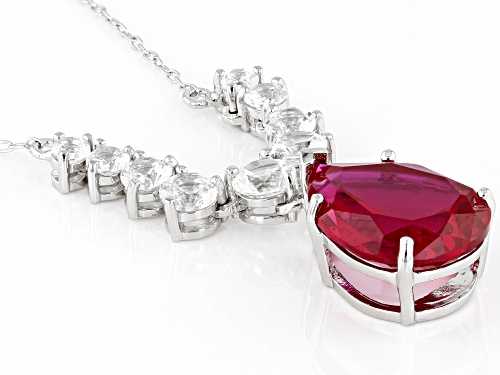 8.39ct Pear Shaped Lab Ruby With 2.40ctw Lab White Sapphire Rhodium Over Silver Necklace - Size 18