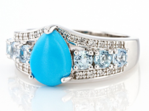 Sleeping Beauty Turquoise, .71ctw Glacier Topaz™ & .14ctw White Zircon Rhodium Over Silver Ring - Size 9
