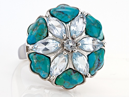 2.41ctw Mixed shapes Glacier Topaz™ With 7x5mm Freeform Turquoise Rhodium Over Silver Ring - Size 7