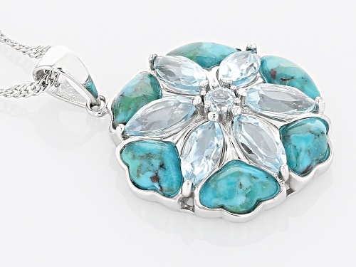 2.41ctw Glacier Topaz™ With 7x5mm Turquoise Rhodium Over Sterling Silver Pendant With Chain