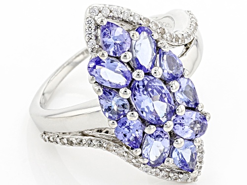 2.00ctw Oval And Pear Tanzanite With 0.21ctw Round White Zircon Rhodium Over Sterling Silver Ring - Size 7