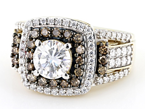 MOISSANITE FIRE® 2.08CTW DEW RD & .46CTW CHAMPAGNE DIAMOND 14K YELLOW GOLD OVER SILVER RING - Size 9