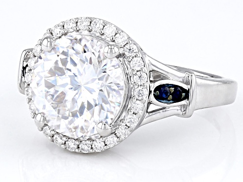 MOISSANITE FIRE® 4.39CTW DEW ROUND INFERNO CUT™ & BLUE SAPPHIRE PLATINEVE® RING - Size 6