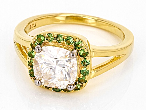 MOISSANITE FIRE® 2.00CT DEW CUSHION CUT & ROUND TSAVORITE 14K YELLOW GOLD OVER SILVER RING - Size 7