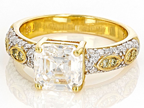 MOISSANITE FIRE® 3.36CTW DEW ASSCHER CUT & NATURAL YELLOW DIAMOND 14K YELLOW GOLD OVER SILVER RING - Size 6