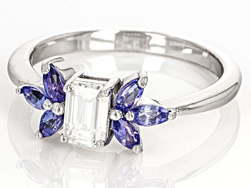 MOISSANITE FIRE® .58CT DEW EMERALD CUT & MARQUISE TANZANITE PLATINEVE® RING - Size 9