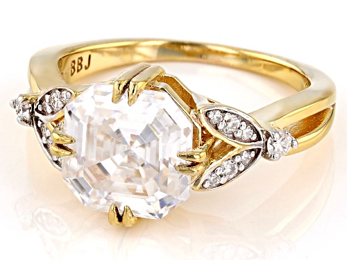 MOISSANITE FIRE® 4.10CTW DEW ASSCHER CUT & ROUND BRILLIANT 14K YELLOW GOLD OVER SILVER RING - Size 7