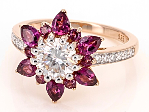 MOISSANITE FIRE® 1.32CTW DEW ROUND AND RHODOLITE 14K ROSE GOLD OVER SILVER RING - Size 5