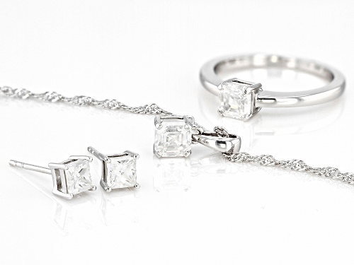 MOISSANITE FIRE® 2.40CTW DEW ASSCHER CUT PLATINEVE® RING & EARRINGS & PENDANT WITH CHAIN SET
