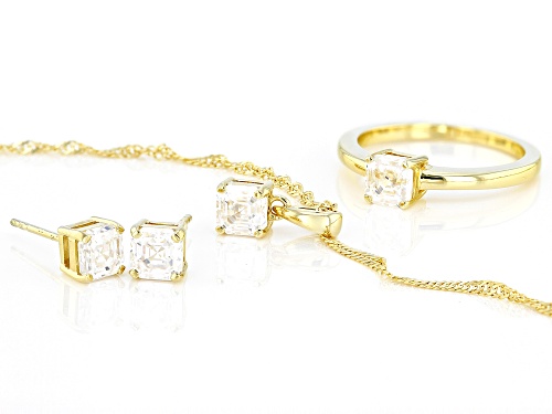 MOISSANITE FIRE® 2.40CTW DEW 14K YELLOW GOLD OVER SILVER RING, EARRINGS, PENDANT, & CHAIN SET
